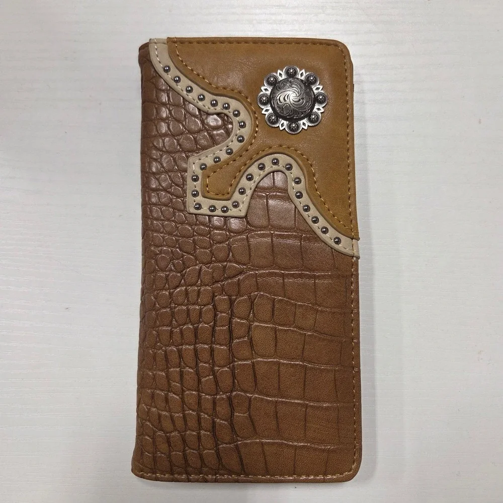 Montana West Men Western Brown Crocodile Embossed Long Wallet Studded Concho NEW